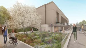 rendering for a renovated exterior of the Folger Shakespeare Library, showing gardens and accessible walkways