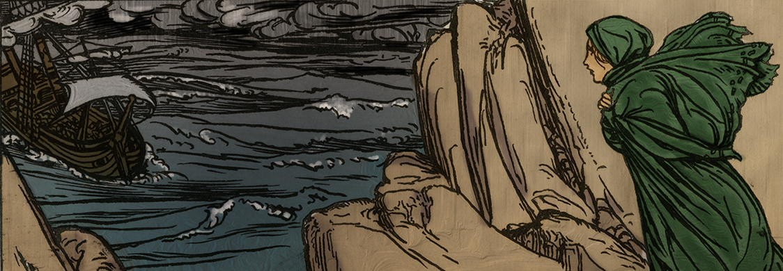 digitally colored version of Robert Anning Bell’s 1900 pen and ink illustration for Act 1, Scene 1 of The Tempest, showing Miranda watching the ship approach the island during the storm