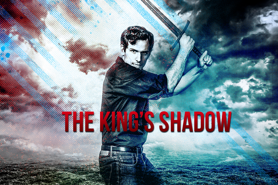 digital image with the words “The King’s Shadow” and showing a photo of a man holding a sword