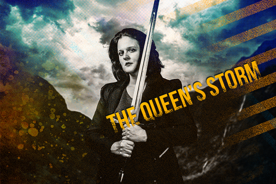 digital image with the words “The Queen’s Storm” and showing a photo of a woman holding a sword