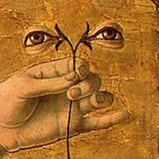 detail of Francesco del Cossa's painting "Saint Lucy" showing a hand holding a twig with 2 flowers that look like a pair of eyes