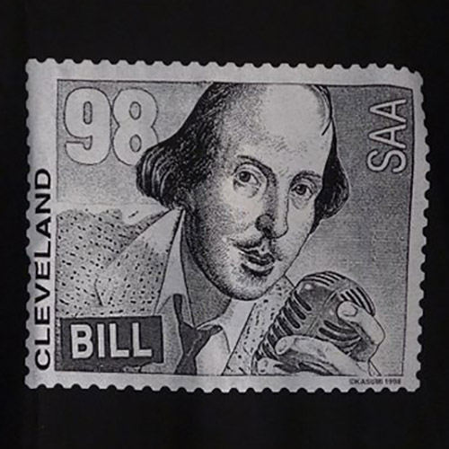 1998 SAA T-shirt image, showing a postage stamp depicting Shakespeare singing into a microphone