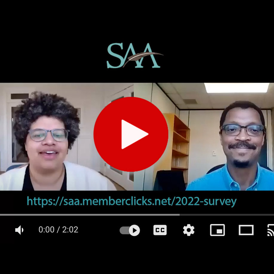 screenshot of a video featuring SAA trustees Patricia Akhimie and Dennis Britton asking members to take the survey